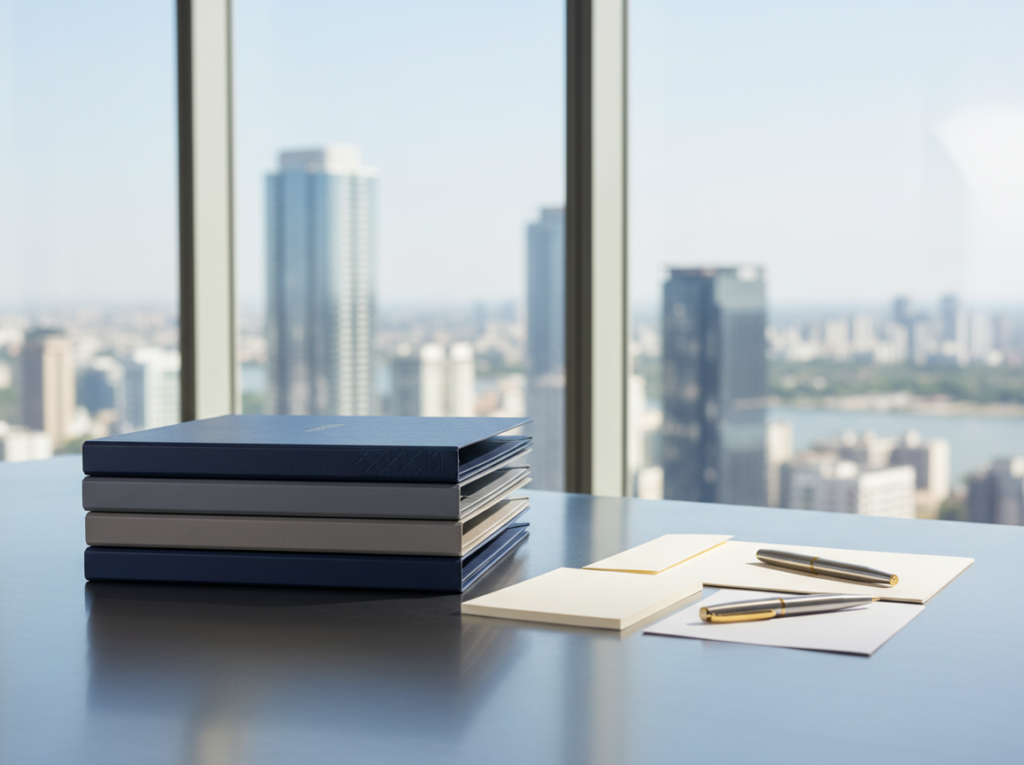 A meticulously organized workspace featuring a stack of sleek, navy blue and gray document folders with subtle embossed textures, arranged precisely atop a smooth, brushed-steel desk. The folders are accompanied by neat, cream-hued stationery and a high-quality metallic pen, all set in a modern, glass-walled office overlooking a blurred city skyline. Soft midday natural light flows in, casting refined highlights and gentle, structured shadows. The atmosphere is calm, efficient, and professional. Captured from an eye-level perspective with centered composition and sharp focus throughout, this photographic realism image embodies a clean, minimalist, corporate aesthetic—perfectly aligned with a trustworthy grantwriting business.